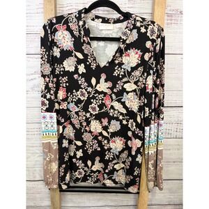 Belle Boho Kim Gravel Black Floral Paisley Split Neck Long Sleeve Top XS